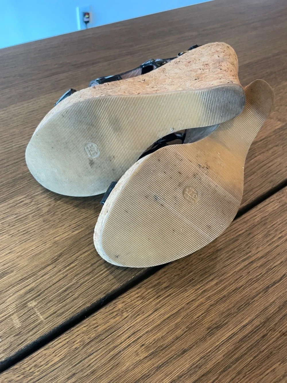 Studio Pollini Black Patent Leather Cork Wedge Sandals Made in Italy US7-7.5